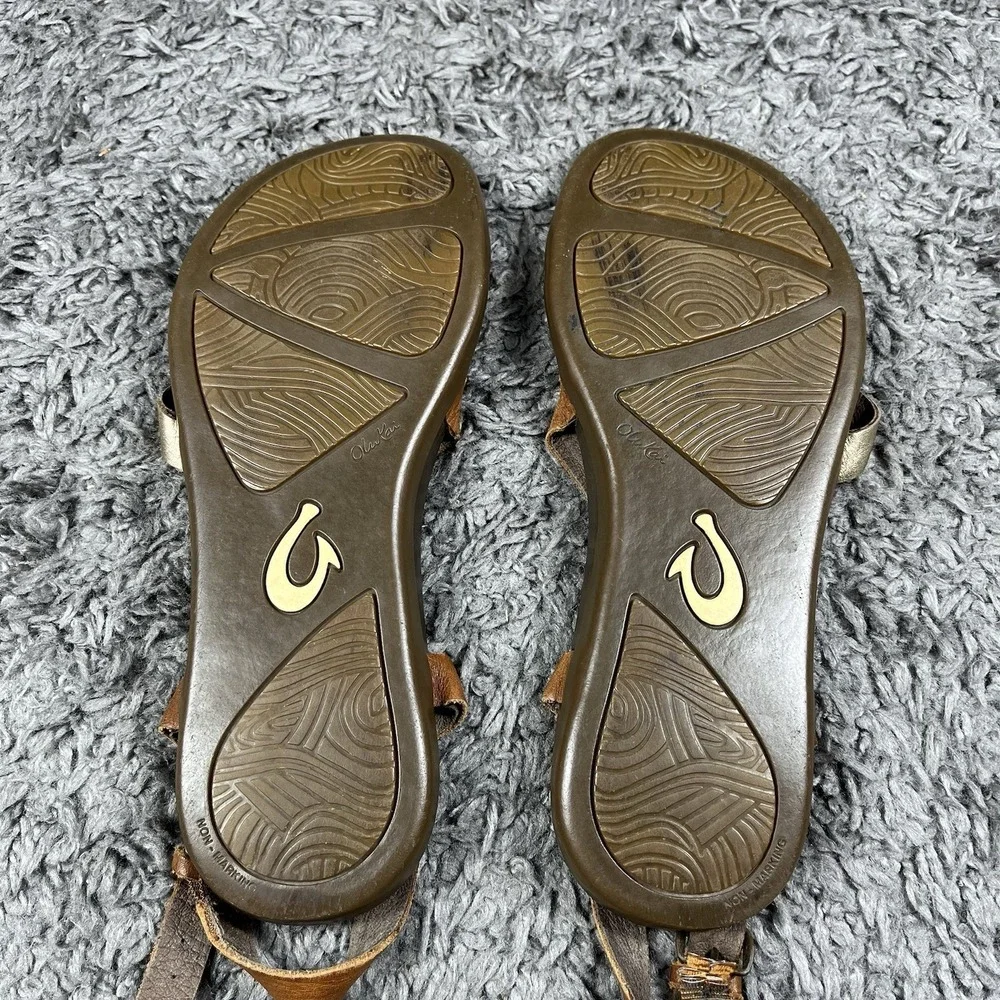 OluKai Upena Strappy Sandals Size 9 Brown Leather Flat Adjustable Ankle Strap